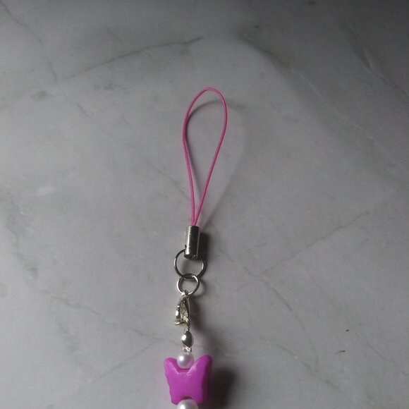 Hot Pink Butterfly Beaded Phone Charm | Iridescent Pearl Strap Accessory - Picture 6 of 7